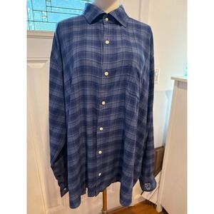 Peter Millar Mens XXL Blue Plaid Long Sleeve Button Down Shirt Pocket Crest